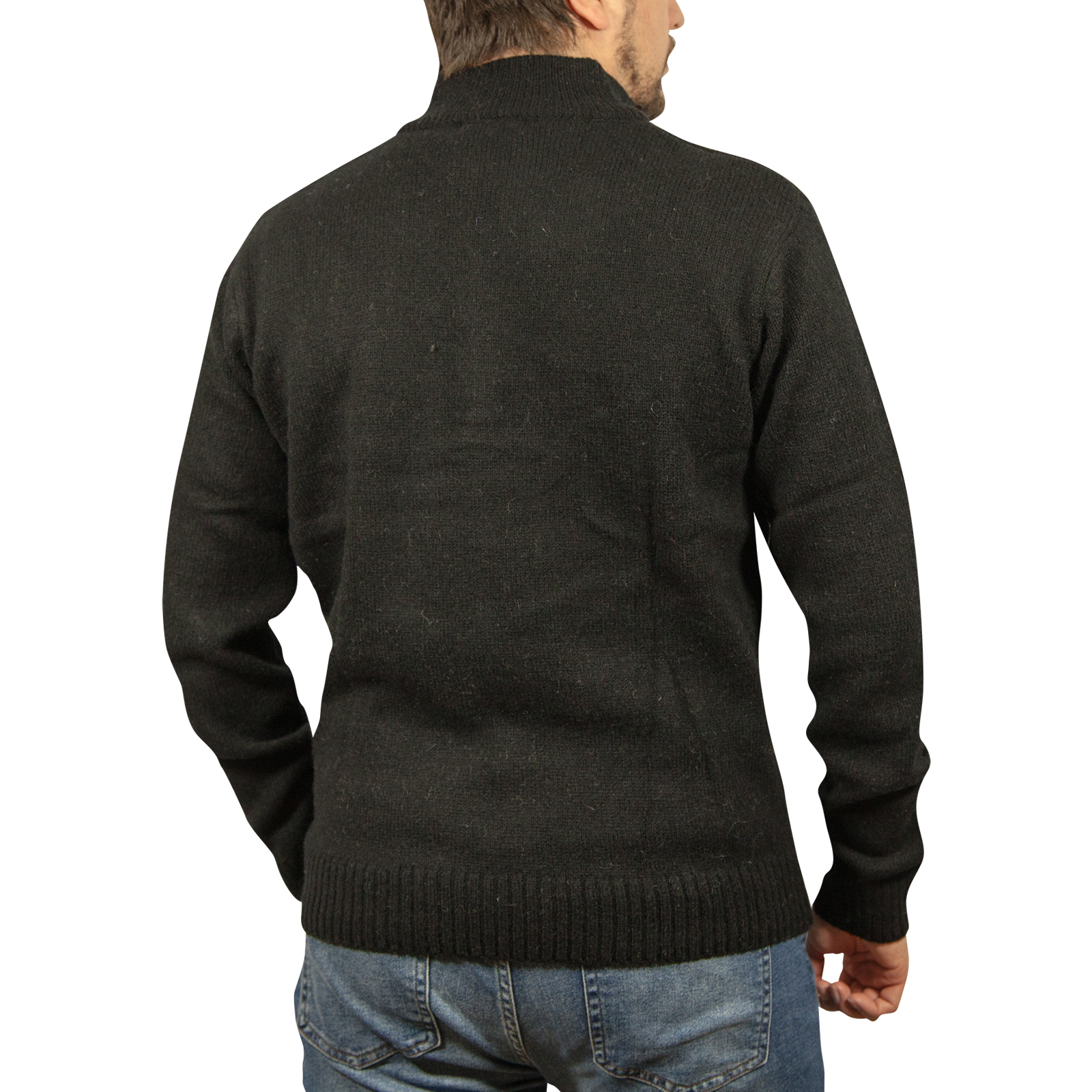 100% SHETLAND WOOL Half Zip Up Knit JUMPER Pullover Mens Sweater Knitted - Plain Black - 5XL