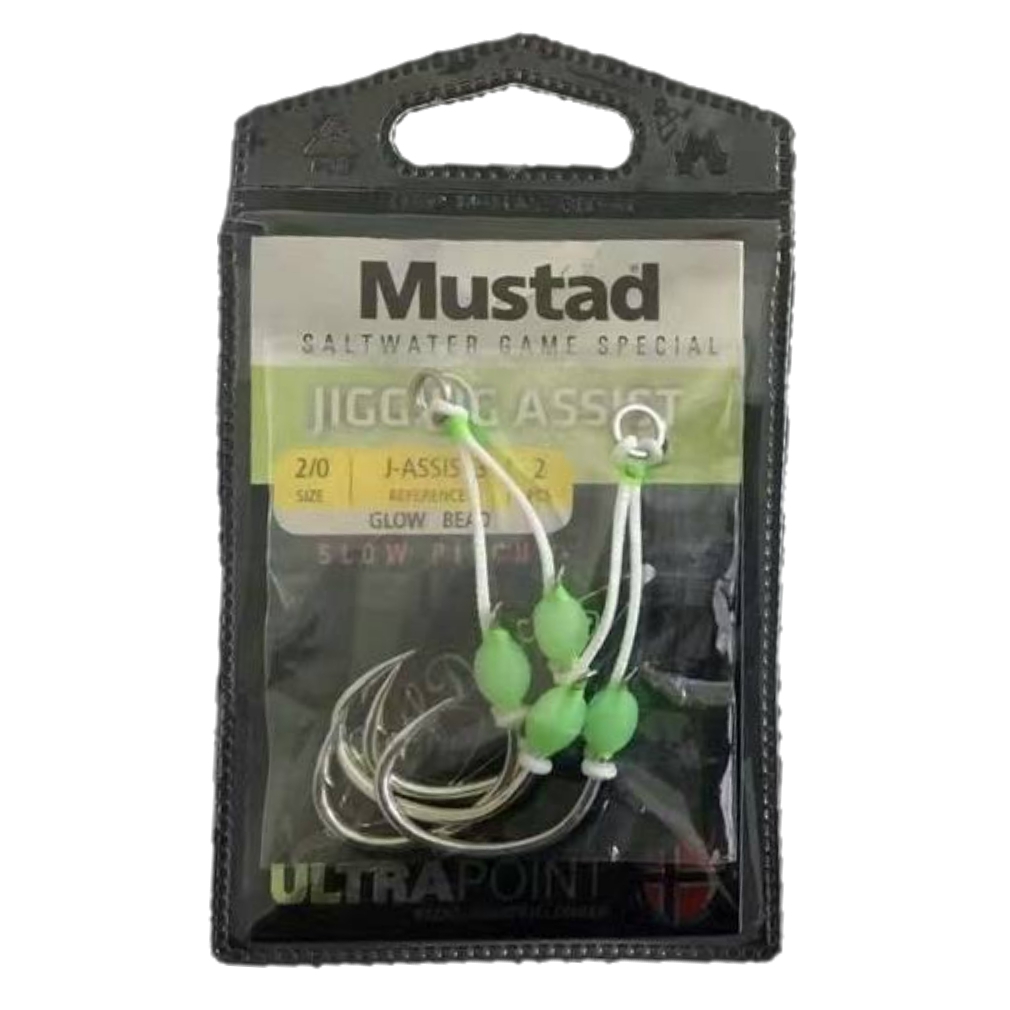 2 Pack of Size 2/0 Mustad Slow Pitch Jig Assist Hooks -Kevlar Joined  Chemical Sharp Hooks