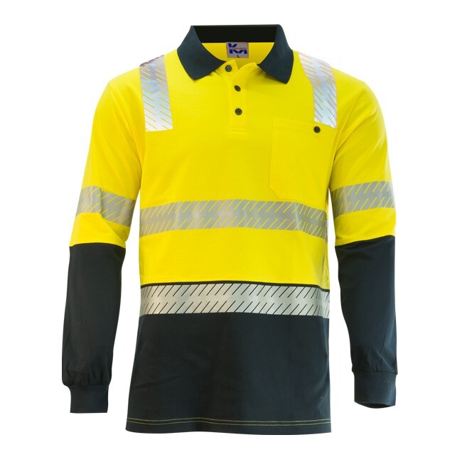 KM Workwear Taped H Pattern Long Sleeve Two Tone Polo Shirt Small Orange/Navy
