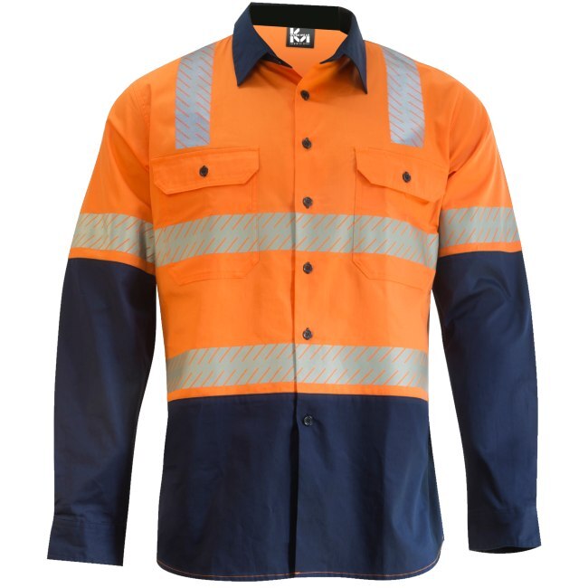 KM Workwear Vented H-Pattern Taped Long Sleeve Two Tone Drill Shirt XS Orange/Navy