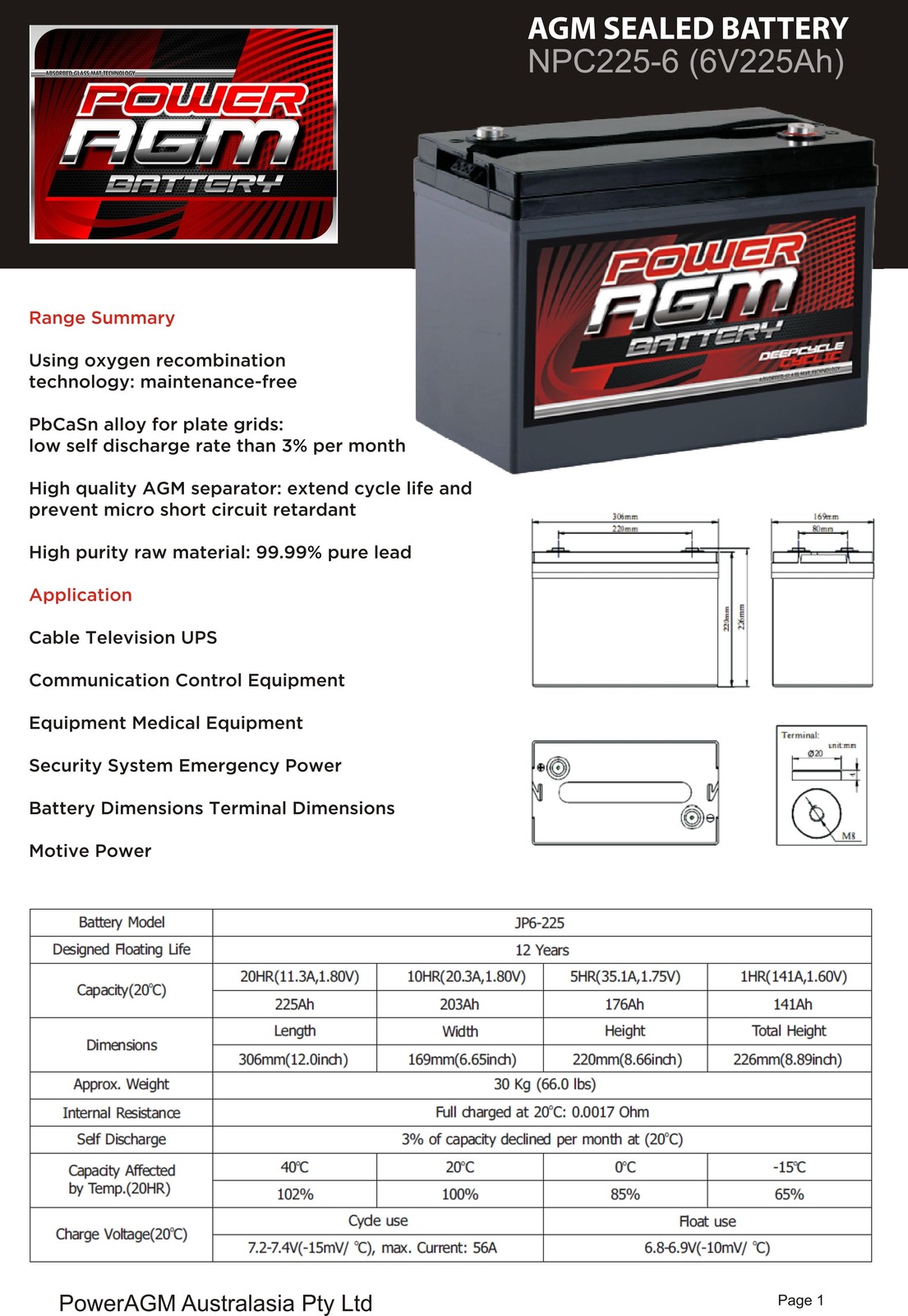 225AH AGM 6V Deep Cycle Battery for Solar systems, offgrid, 4WD, 4X4, Camping, Caravan, Emergency Power, Security