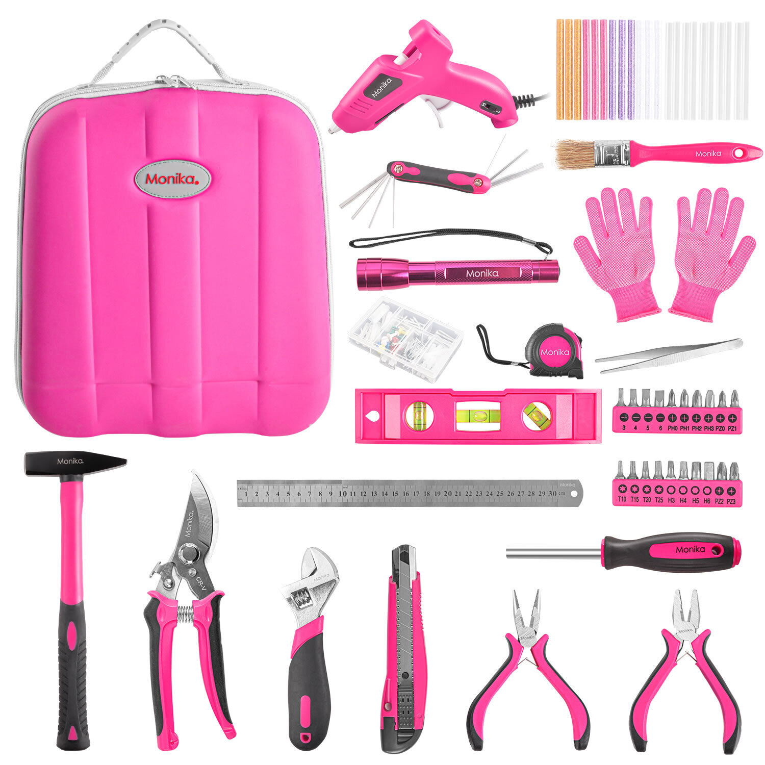 Monika 159PCS Pink Tool Kit Portable Household Tool Set Dual Temp Glue Gun Stick