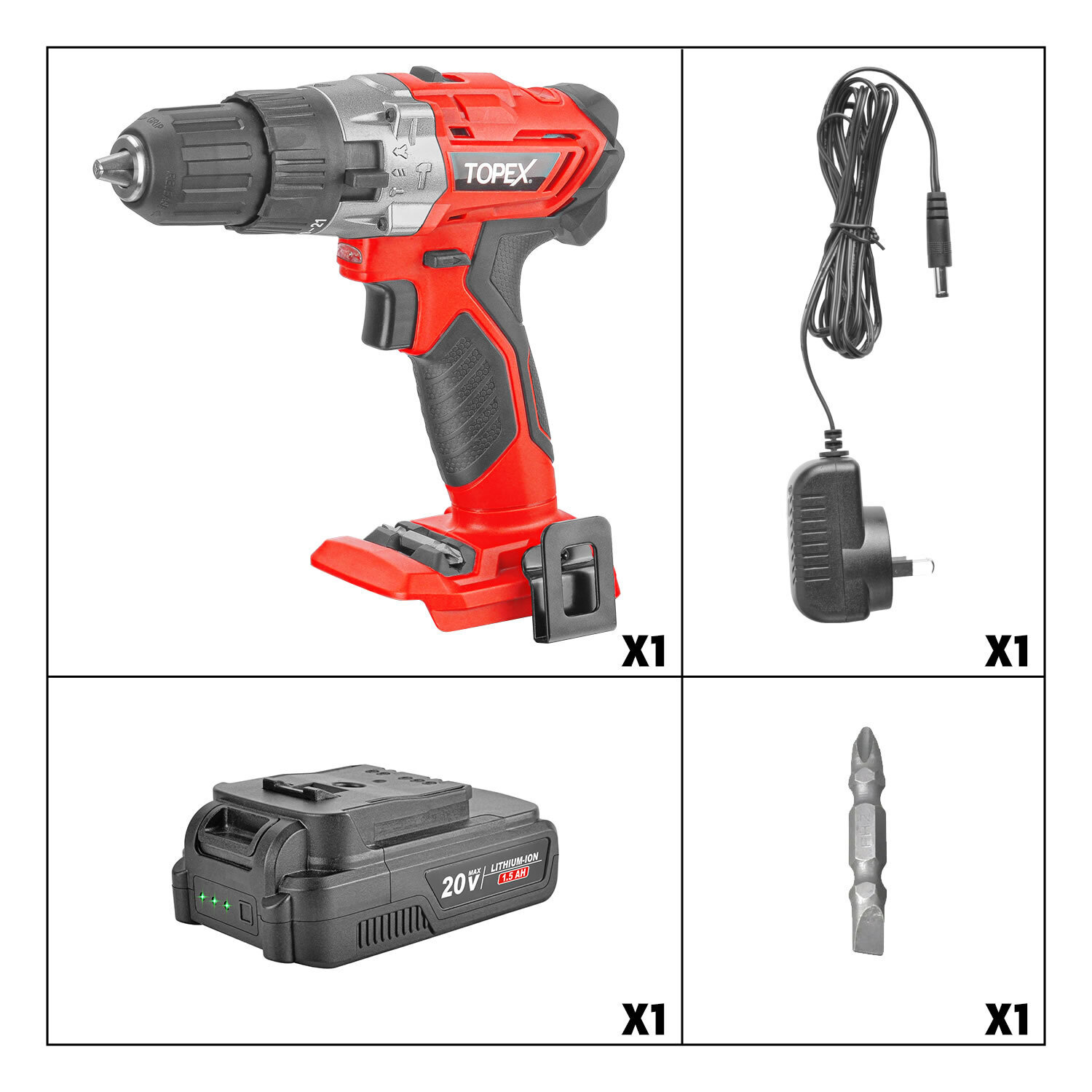 TOPEX 20V Lithium-Ion Cordless Drill Driver Impact Hammer drill w/ Battery Charger