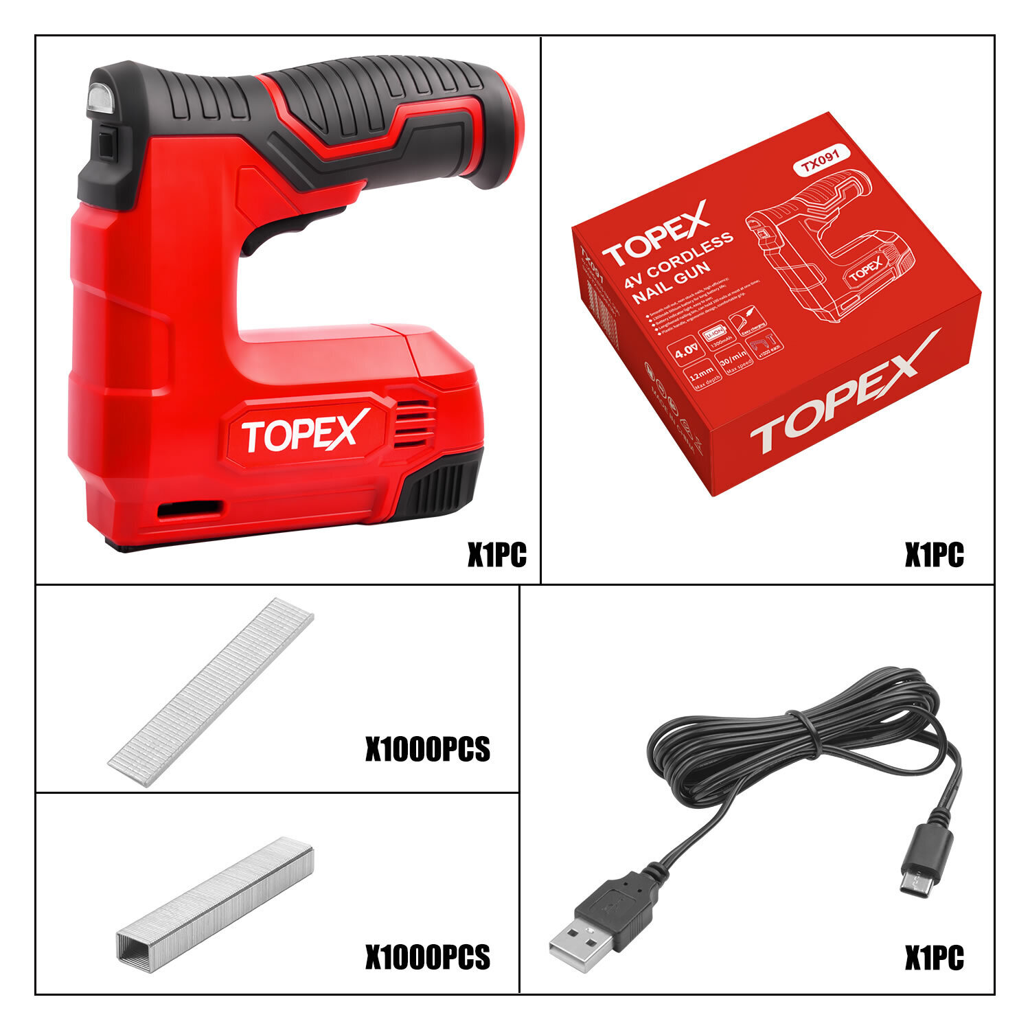 Topex 4V Max 2 in 1 Cordless Staple Nail Gun Lithium w/ lK Nails+1KStaples