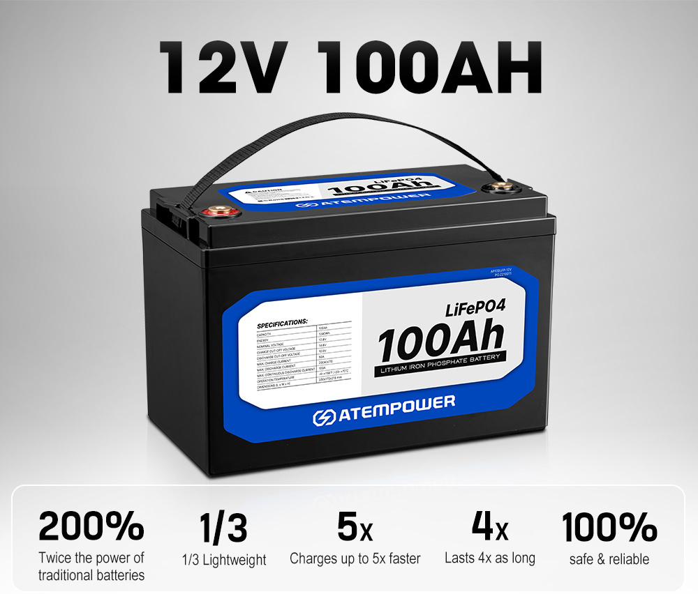 ATEMPOWER 100Ah 12V Lithium Battery LiFePO4 Deep Cycle Rechargeable Marine 4WD Replace AGM
