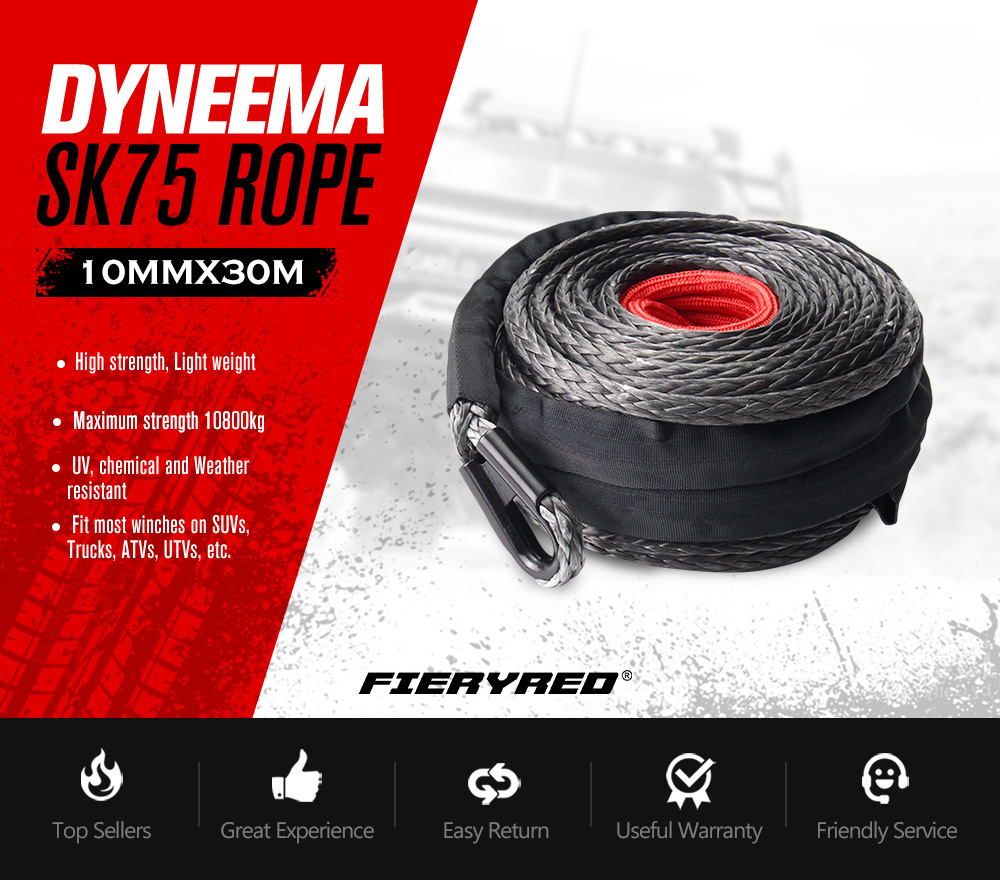FIERYRED 10MM x 30M Synthetic Winch Rope Dyneema SK75 Tow Recovery Cable Offroad 4WD