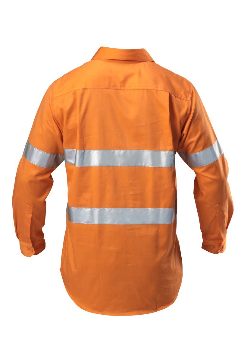 Hard Yakka Foundations Hi-Visibility Closed Front Cotton Drill Long Sleeve Shirt With Tape Colour Safety Orange Size S
