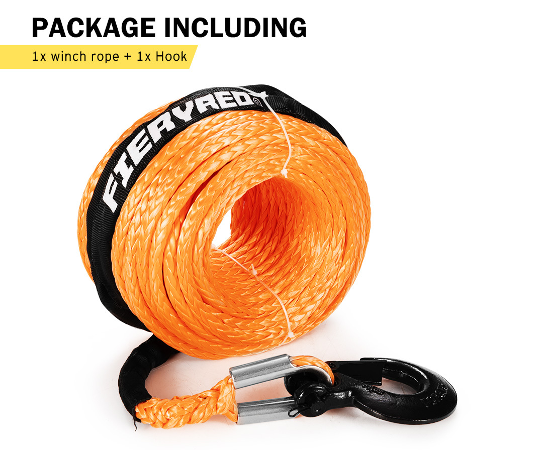 FIERYRED Synthetic Winch Rope 10MM x 30M Dyneema SK75 Tow Recovery Rope Orange 4WD