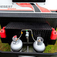 Caravan front toolbox with dual slides & jerry can holdersBlack Extended BBQ Slide & Removeable Jerry Can Holders