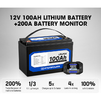 Atem Power 100AH 12V LiFePO4 Lithium Battery + 200A Battery Monitor w/Shunt