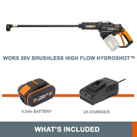 WORX 20V Cordless HYDROSHOT Portable Brushless Pressure Washer w/ POWERSHARE 4Ah Battery & 2A Charger - WG630E.B