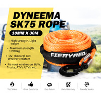 FIERYRED Synthetic Winch Rope 10MM x 30M Dyneema SK75 Tow Recovery Rope Orange 4WD