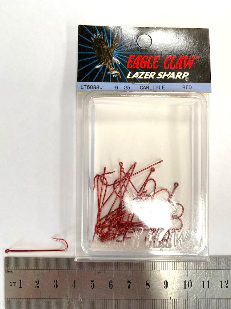 25 Pack of Size 6 Eagle Claw LT6088U Red Long Shank Hooks-Double