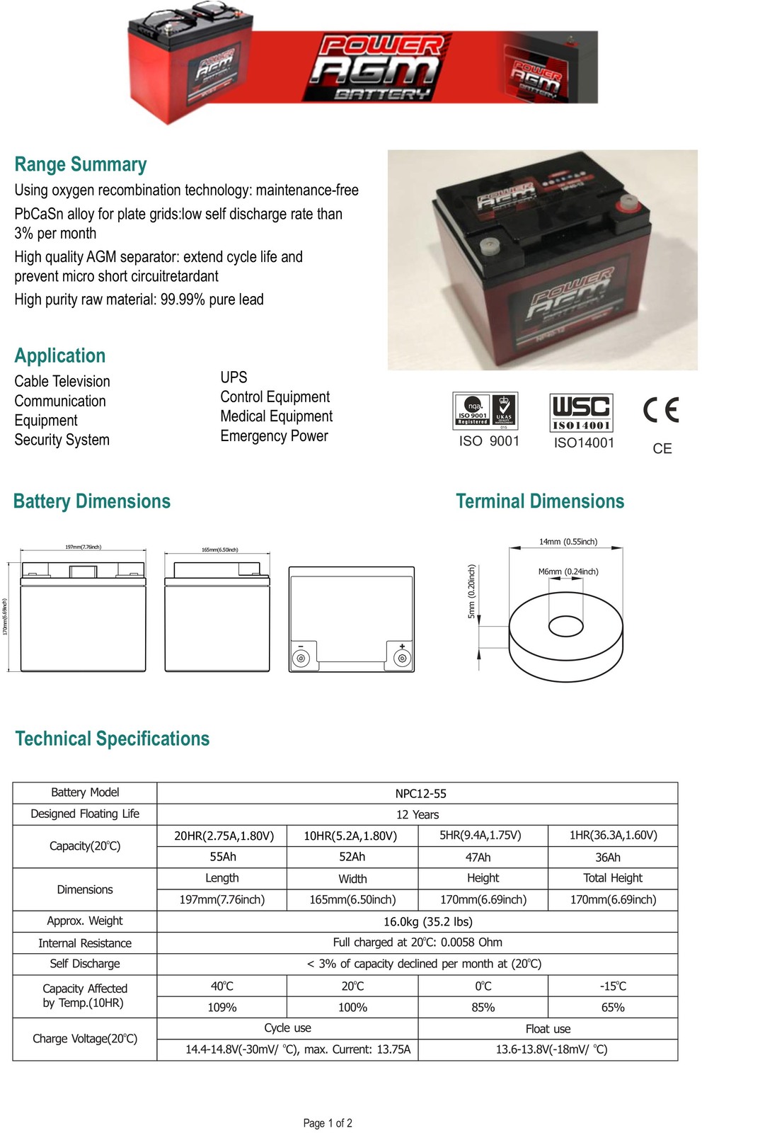 55AH AGM 12V Deep Cycle Battery for Communication Equipment Security Systems Control Medical Emergency Power