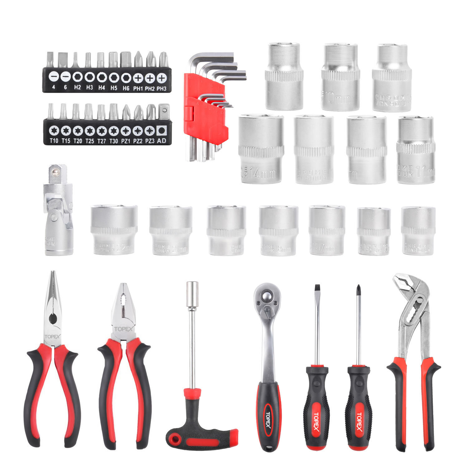 TOPEX 52-Piece Hand Tool Kit Portable Home/Auto Repair Set w/ Ratchet Wrench, Pliers ,Screwdriver Kits and Storage Case