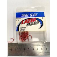 25 Pack of Size 6 Eagle Claw LT226RDU Red Octopus Hooks - Double Barbed Suicide