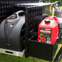 Caravan front toolbox with dual slides & jerry can holdersBlack Extended BBQ Slide & Removeable Jerry Can Holders