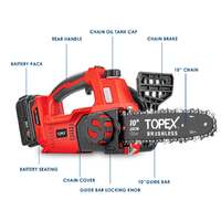 Topex cordless brushless chainsaw electric saw w/ 20v 4.0ah battery fast charger