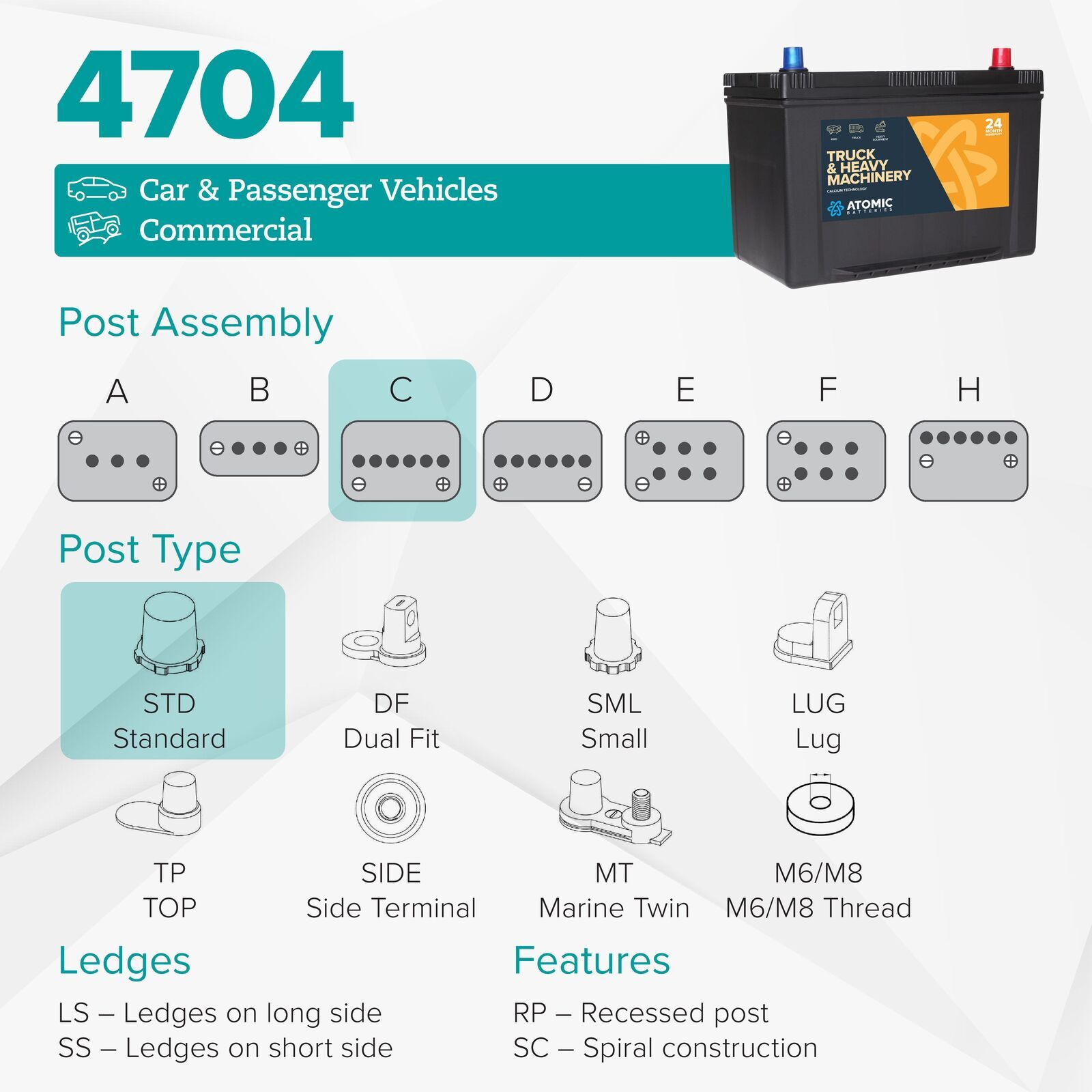 Atomic 12V 95Ah CCA850 SUV Truck and Heavy Machinery Battery 4704