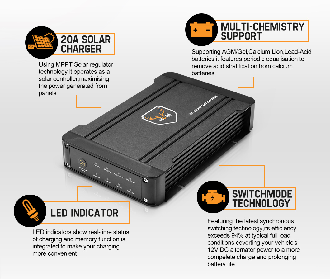 MOBI 12V 20A DC to DC MPPT Battery Charger For Dual Battery System