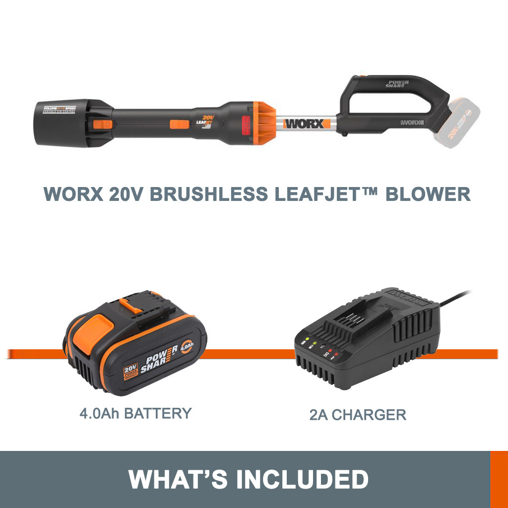 WORX 20V Cordless Brushless LEAFJET Blower w/ POWERSHARE 4Ah Battery & Charger - WG543E.B