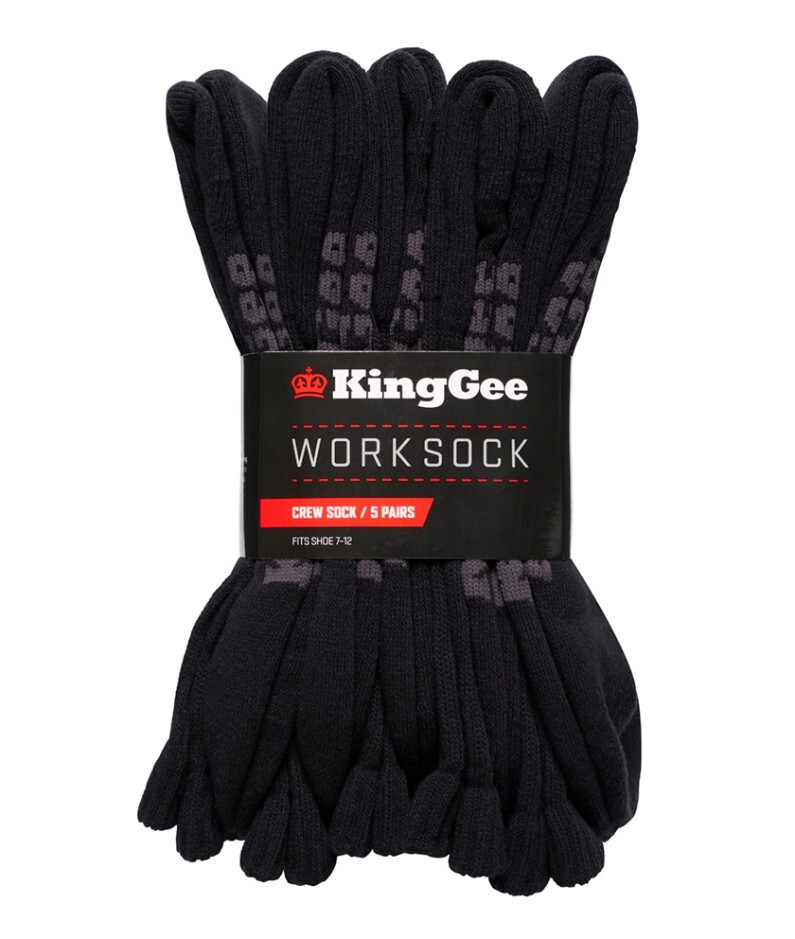 KingGee Mens Crew Cotton Work Sock - 5 Pack Colour Black Size 7-12