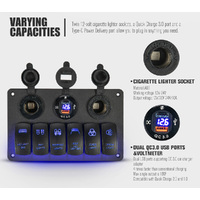 LIGHTFOX 6 Gang Rocker Switch Pane Voltmeter 12V 24V
