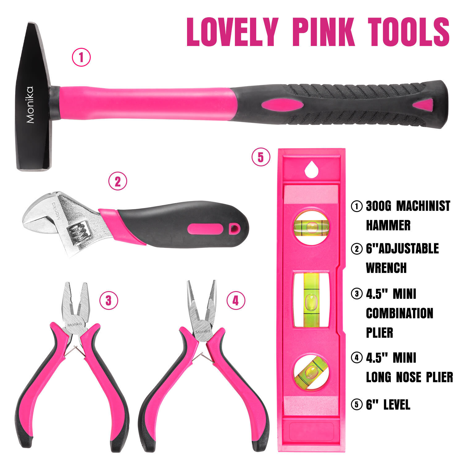 Monika 159PCS Pink Tool Kit Portable Household Tool Set Dual Temp Glue Gun Stick