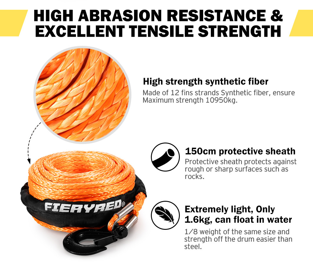 FIERYRED Synthetic Winch Rope 10MM x 30M Dyneema SK75 Tow Recovery Rope ...