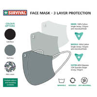 3ply reusable, washable cloth face mask, s-m, grey