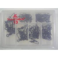 60 x Surecatch Assorted Black Crane Swivels with Coastlock Snaps in Tackle Box