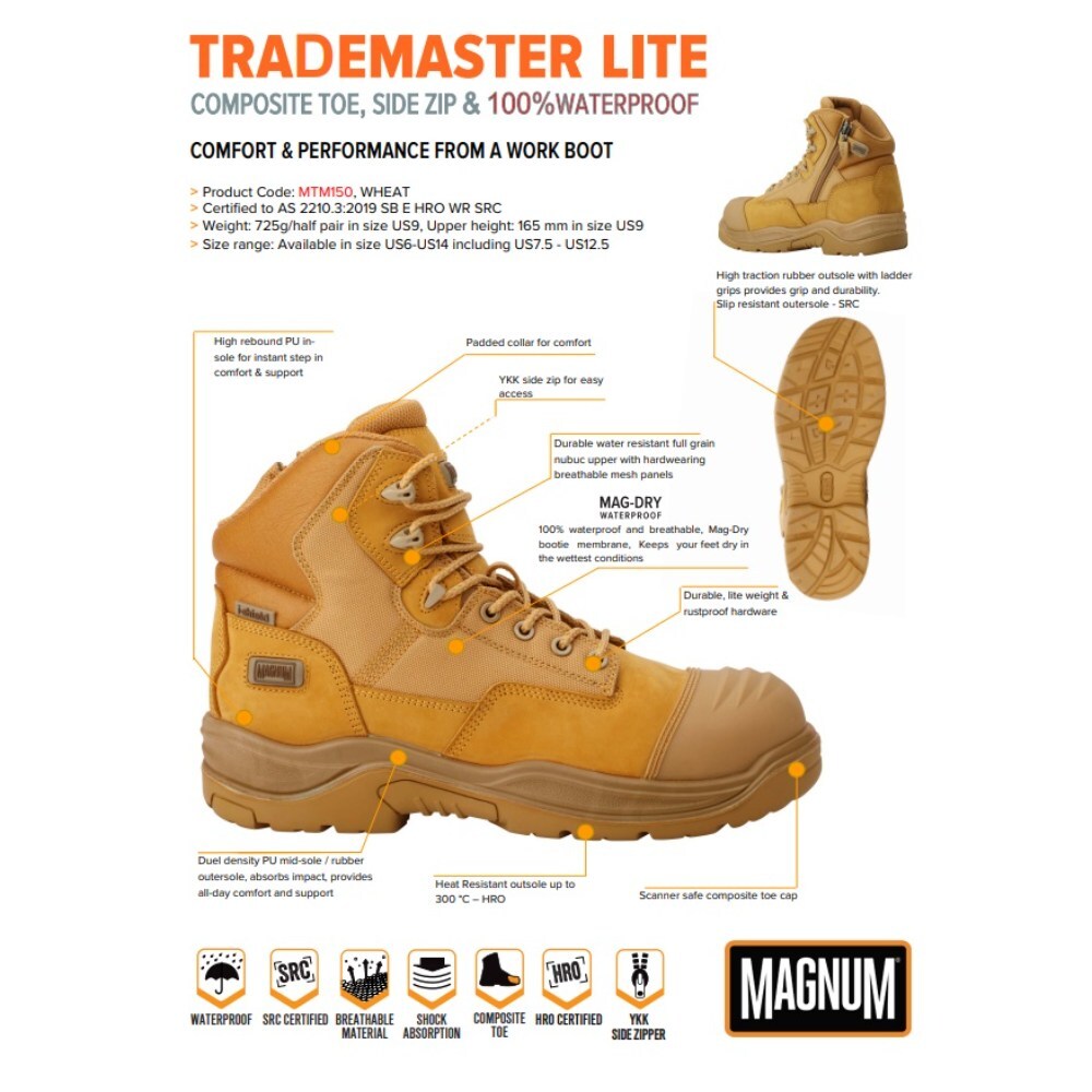 Magnum Trademaster Lite CT SZ WP Wheat Work Boots Size AU/UK 5 (US 6)