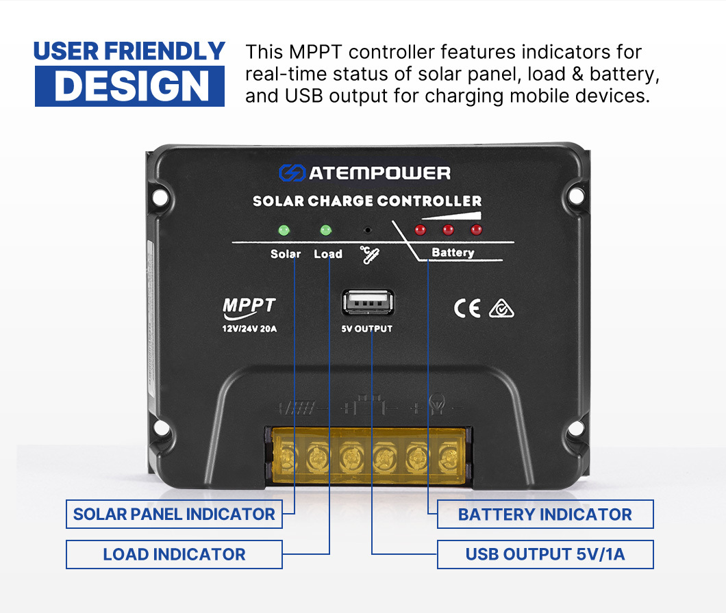 ATEM POWER 20A 12V/24V MPPT Solar Charge Controller