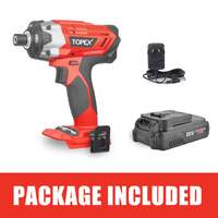 Topex cordless impact driver 1/4" hex drive w/ 20v li-ion battery & charger
