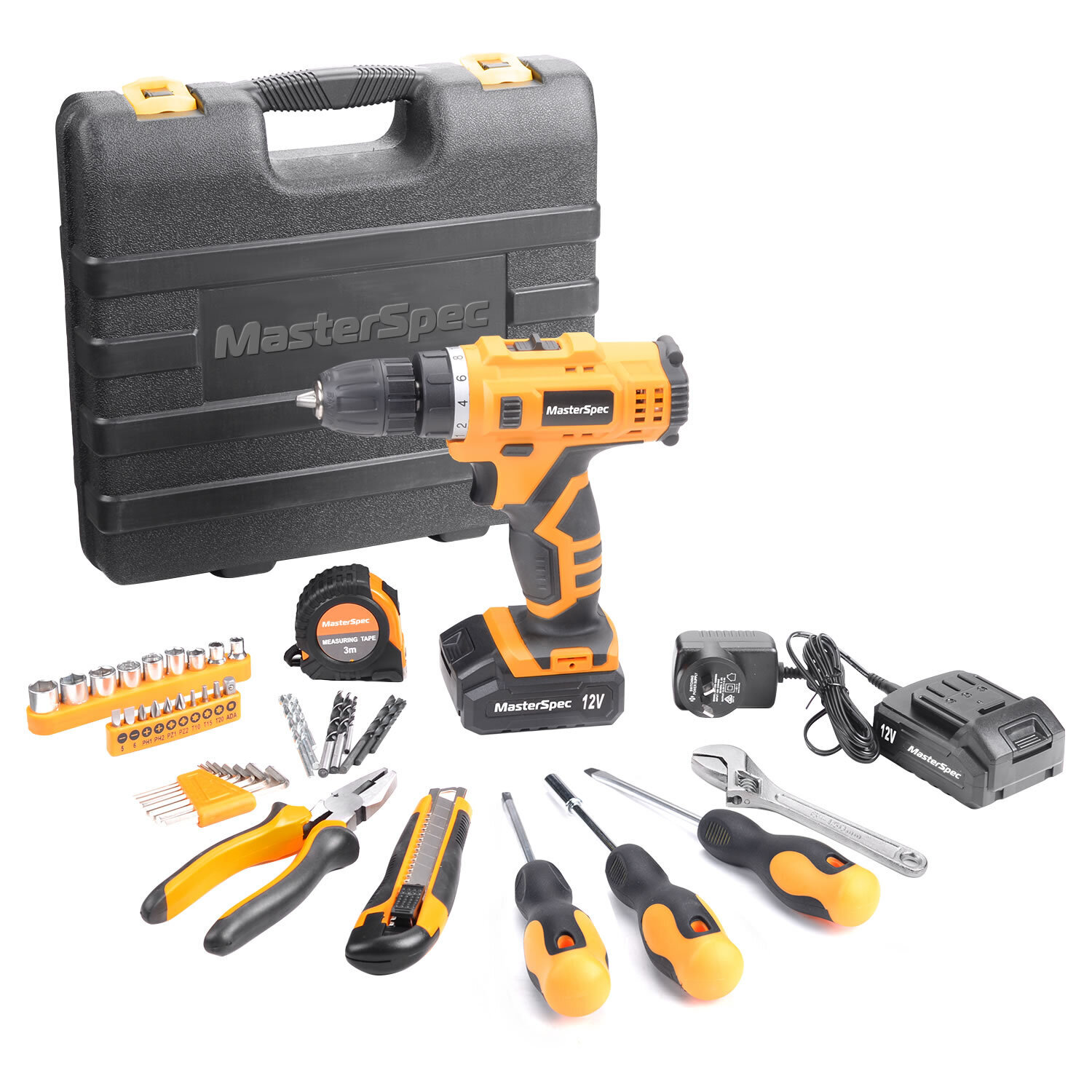 MasterSpec  47PCs 12V Lithium Cordless Drill with 2 Batteries