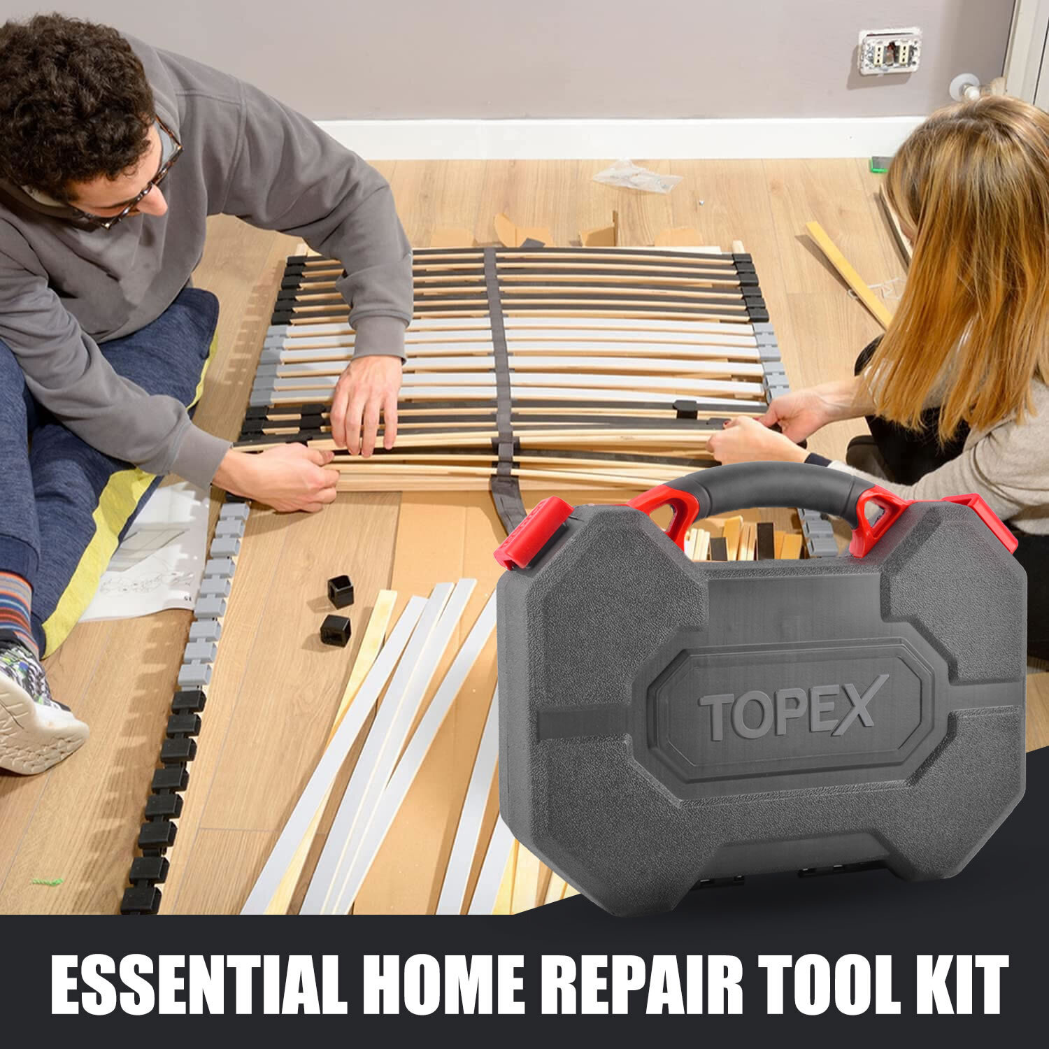 TOPEX 52-Piece Hand Tool Kit Portable Home/Auto Repair Set w/ Ratchet Wrench, Pliers ,Screwdriver Kits and Storage Case