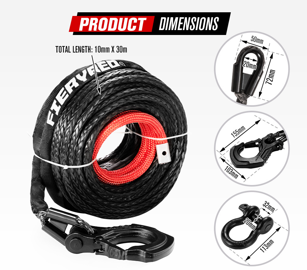 FIERYRED Winch Rope 10MM x 30M Dyneema SK75 Hook Synthetic Car Tow Recovery Cable Black