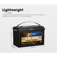 DC MONT 12V 135Ah Lithium Battery LiFePO4 Phosphate Deep Cycle Rechargeable Replace AGM