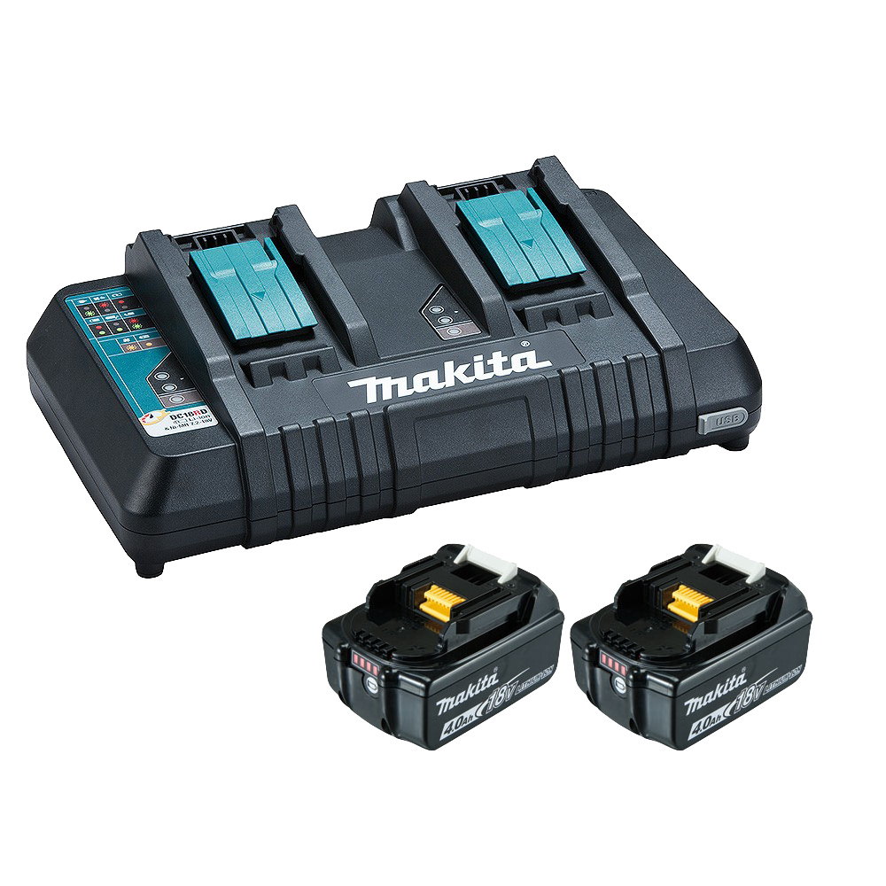 Makita 18V 2x 4.0Ah Charge Indicator Batteries & Dual Port Rapid Charger Set 198498-4