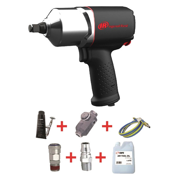 Ingersoll Rand 1/2" Pistol Grip Twin Hammer Impact Wrench with Nitto Style Whip Hose Kit 2135QI-H