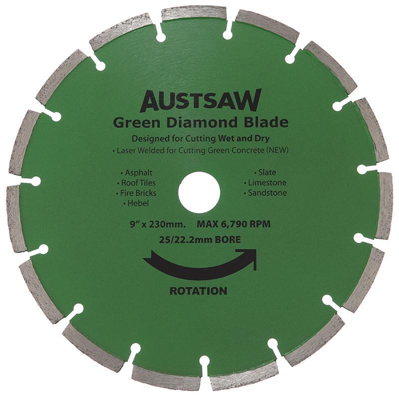 Austsaw 230mm (9") Diamond Blade Green Concrete - 25/22.2mm Bore AUDIA230G