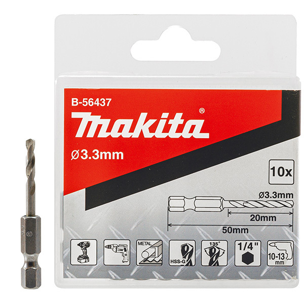 Makita 3.3mm x 50mm HSS R-Series Rivet Drill Bit (1/4" Hex Drive) (10pk) - Standard B-56437
