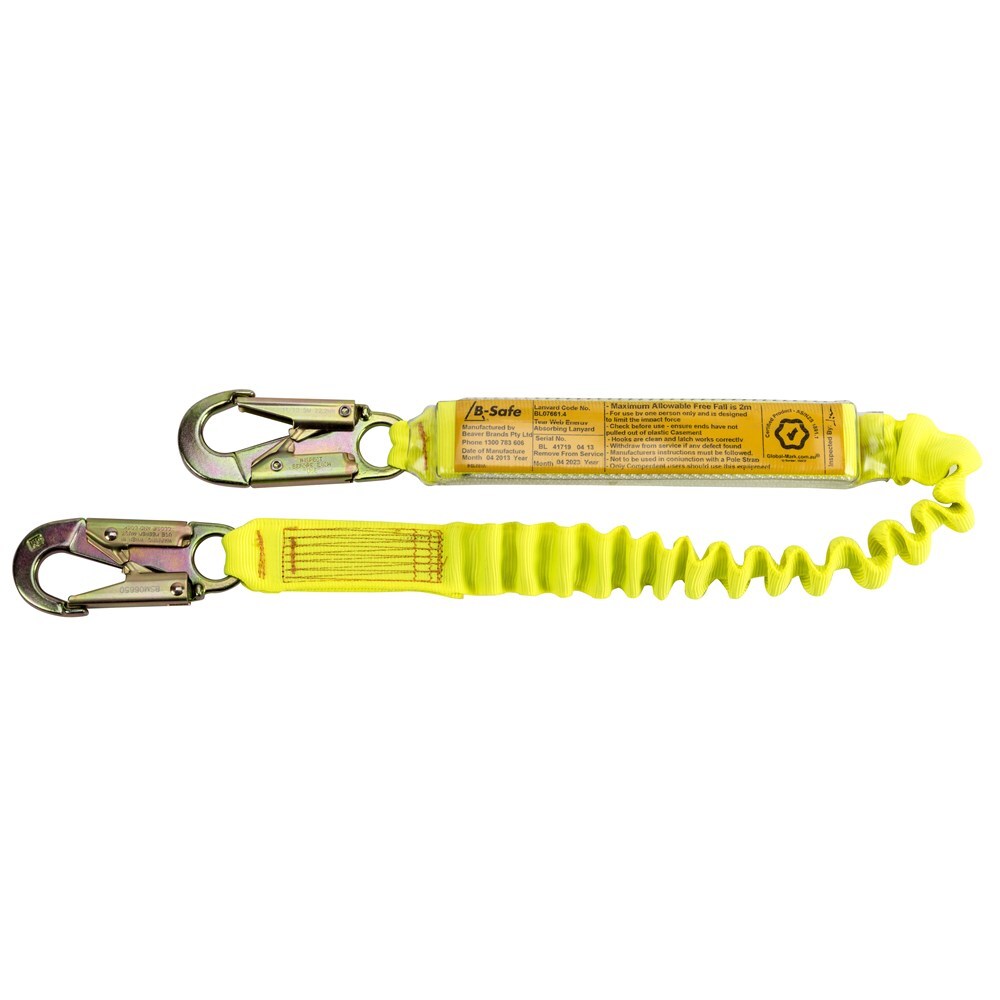 Shock Absorbing Lanyard B-Safe Rope 2M Steel Snap Hook & Scaffold Hook  50KG-140KG