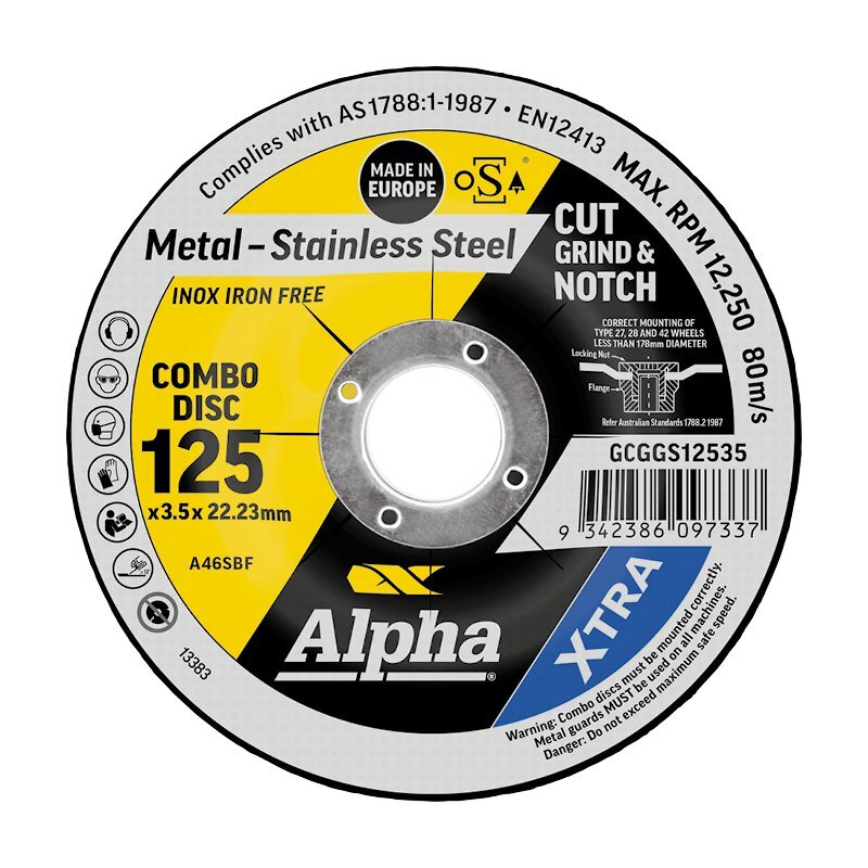 Alpha 125 x 3.5mm Cutting Disc Cut Grind & Notch Combo Stainless XTRA Bulk  GCGGS12535