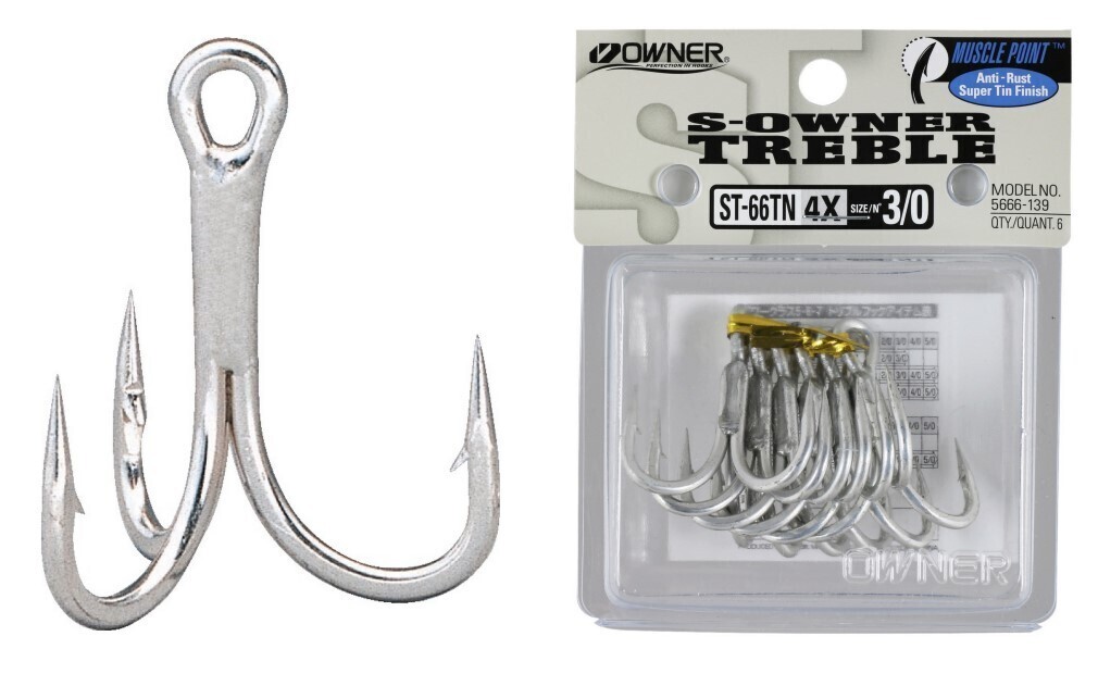 6 Pack of Size 1/0 Owner ST-66TN 4X Strong Treble Hooks