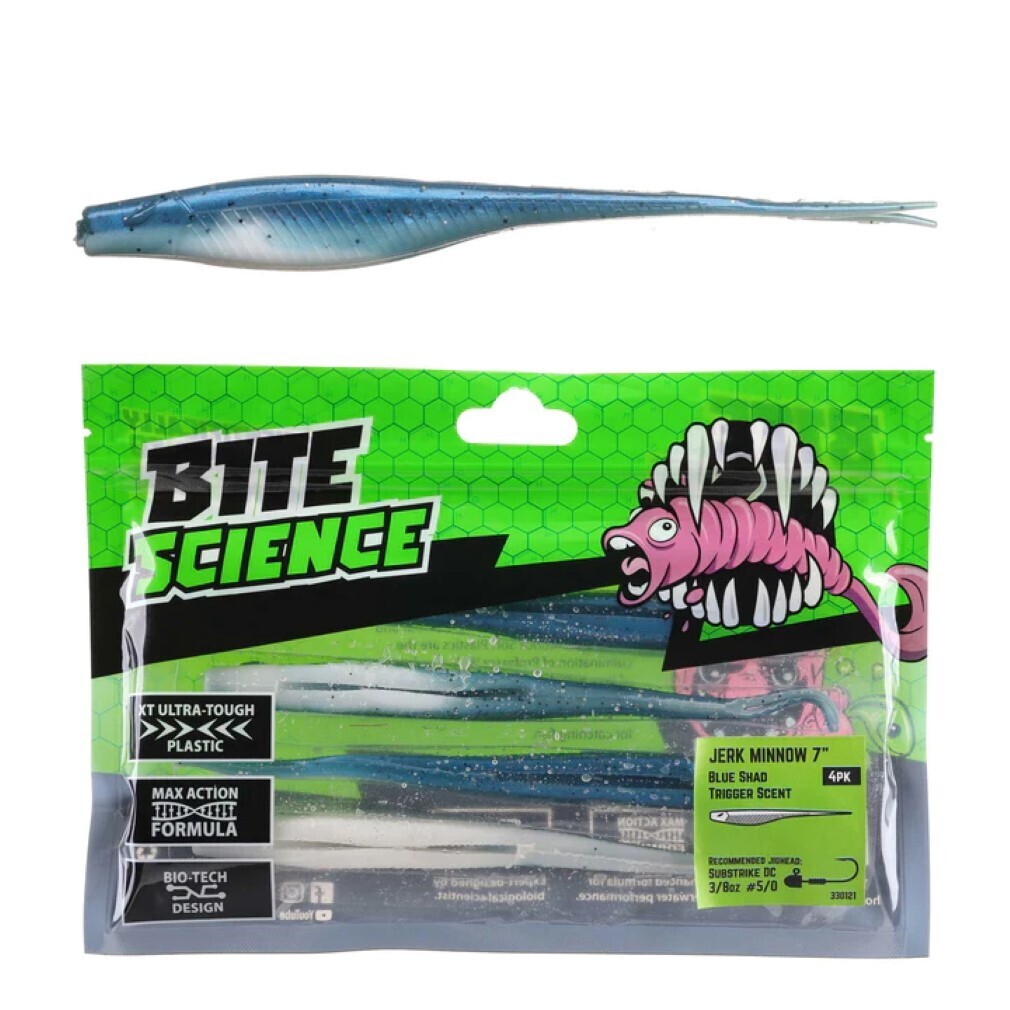 4 Pack of 7 Inch Bite Science Jerk Minnow Soft Plastic Lures