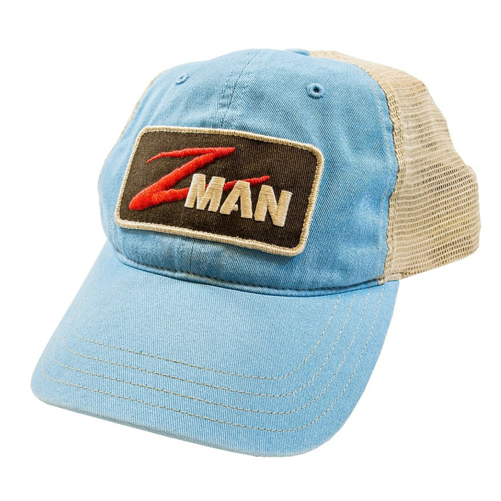 ZMan Lures Blue Khaki Patch TruckerZ Fishing Cap with Adjustable Snapback  Closure - Fishing Hat