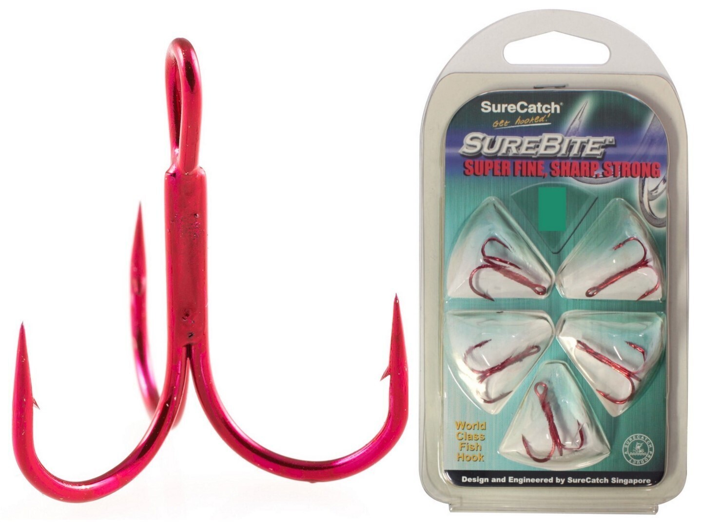 5 Pack of Surecatch Red Chemically Sharpened Treble Fishing Hooks