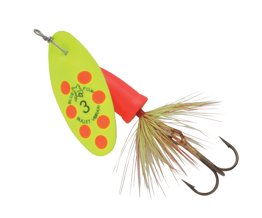 Size 3 Blue Fox Vibrax Bullet Fly 11gm Spinner Lure - Chartreuse  Fluorescent Red