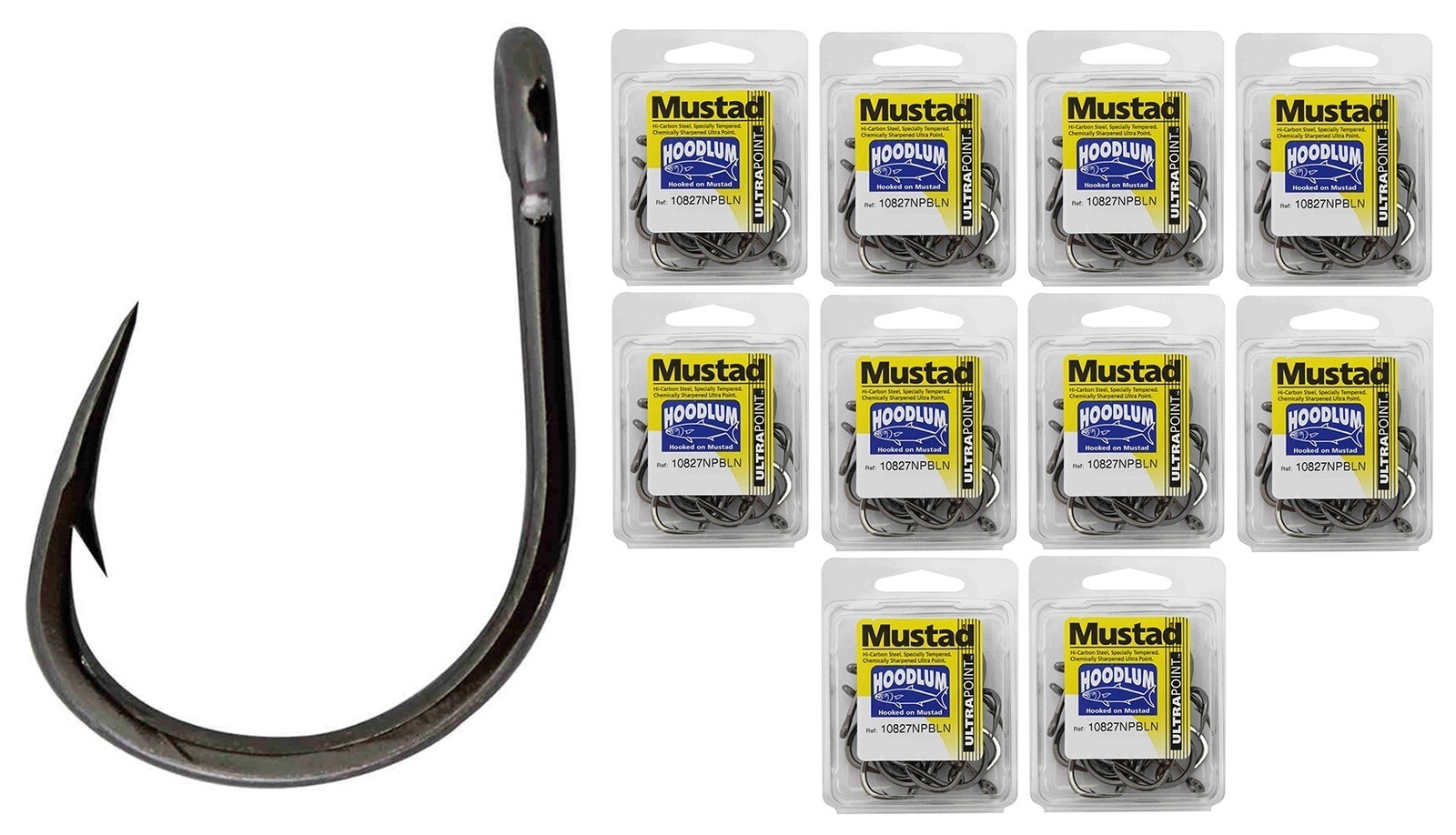 10 Boxes of Mustad 10827NPBLN Hoodlum 4x Strong Chemically Sharpened  Fishing Hooks
